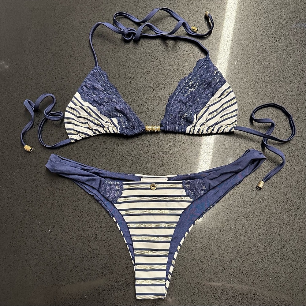Beach Bunny Swimwear limited edition First Mate navy nautical striped bikini set